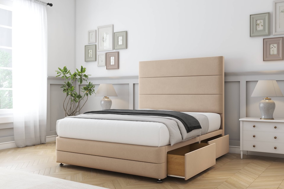 image 1 of Sloomy Monaco Pebble Plush Divan Bed Base 2 Drawers Left Side With 26 Inch Strutted Headboard & 12 Inch Matching Footboard | Brown | Pebble | Single | 1