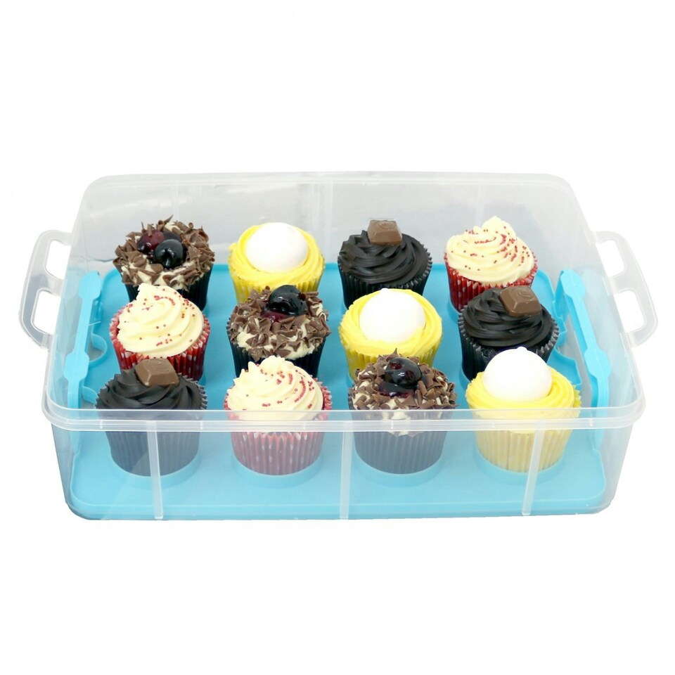 image 1 of Oypla Blue 3 Tier 36 Cupcake Plastic Carrier Holder Storage Container Blue