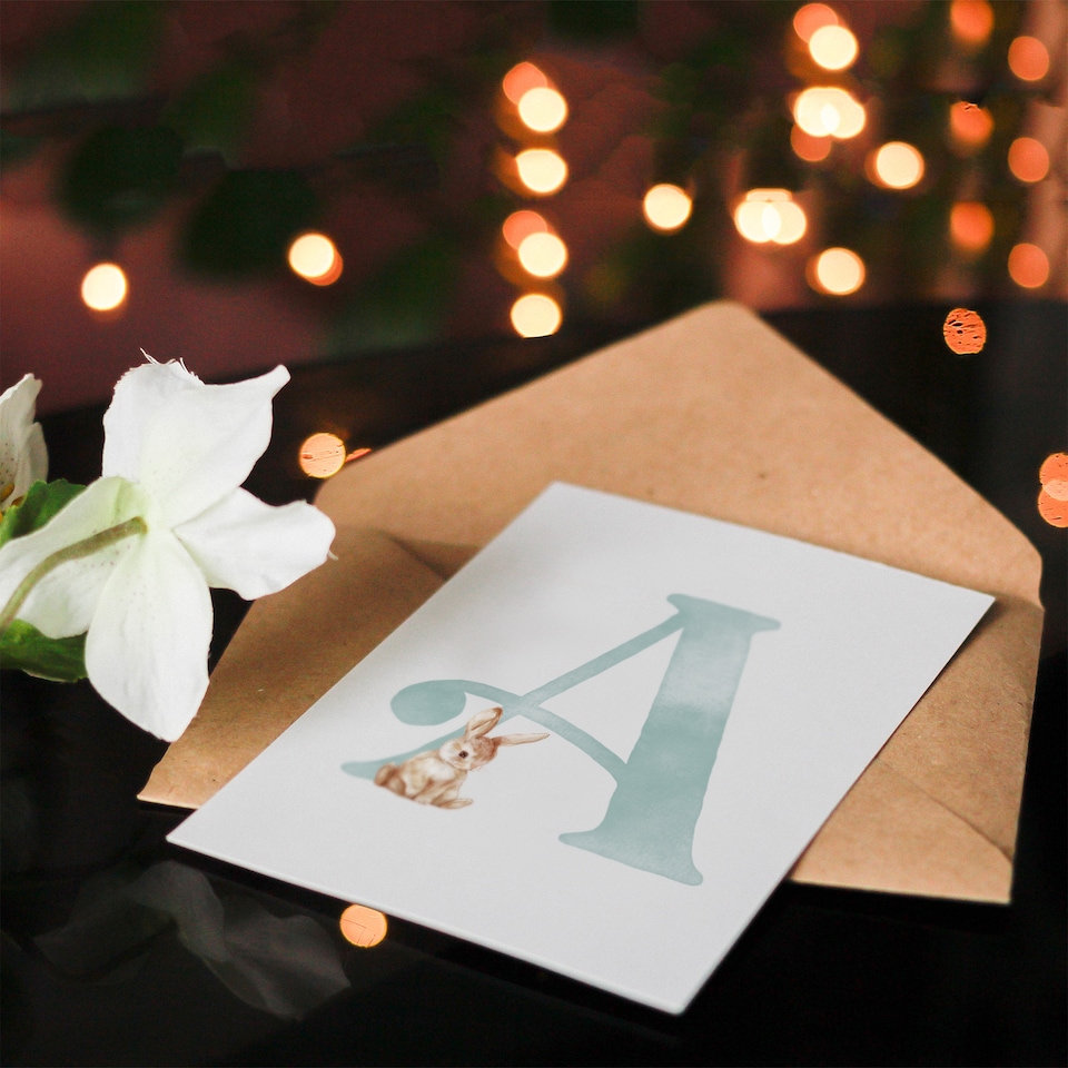 image 1 of Greeting Card Bunny Rabbit Alphabet Letter A New Baby 1st Birthday
