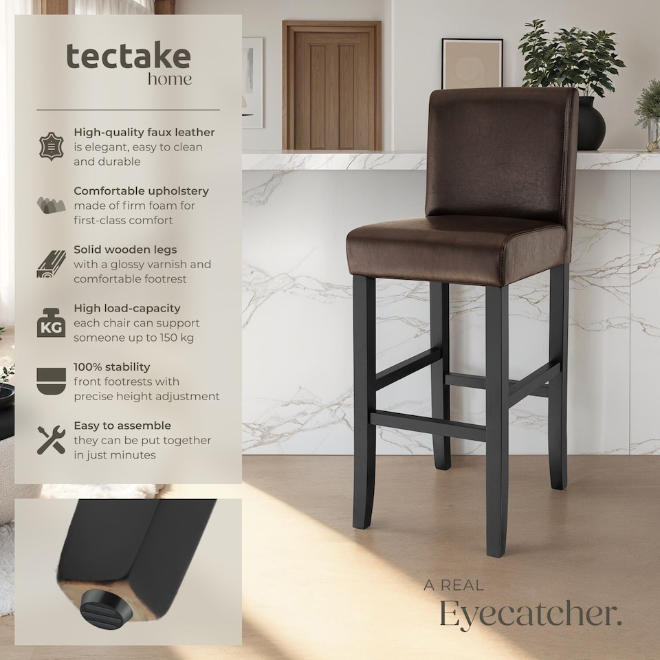 image 1 of Bar Stools with a padded backrest and faux leather cover | Brown | brown | 41 x 40 x 107 cm | 2