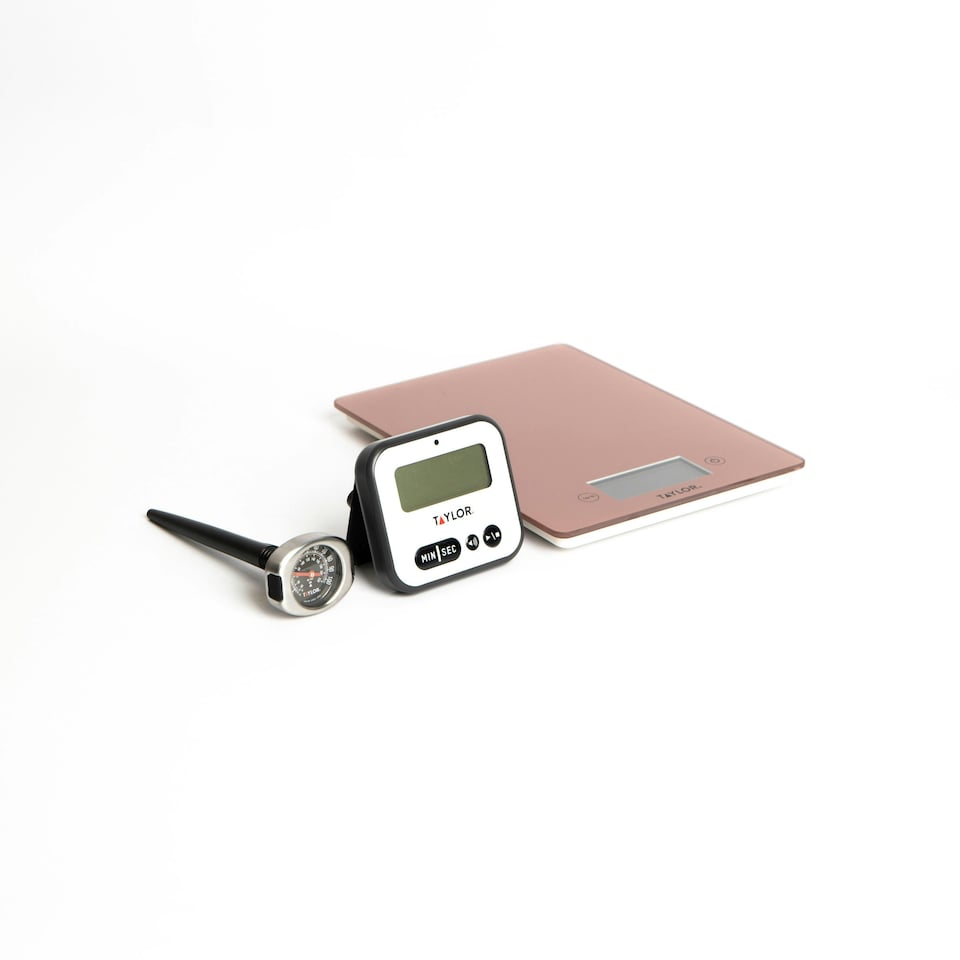 image 1 of 3pc Measuring Set with Rose Gold Pro Glass Digital Kitchen Scale 5kg, Pro Instant Read Probe Thermometer and Digital Timer