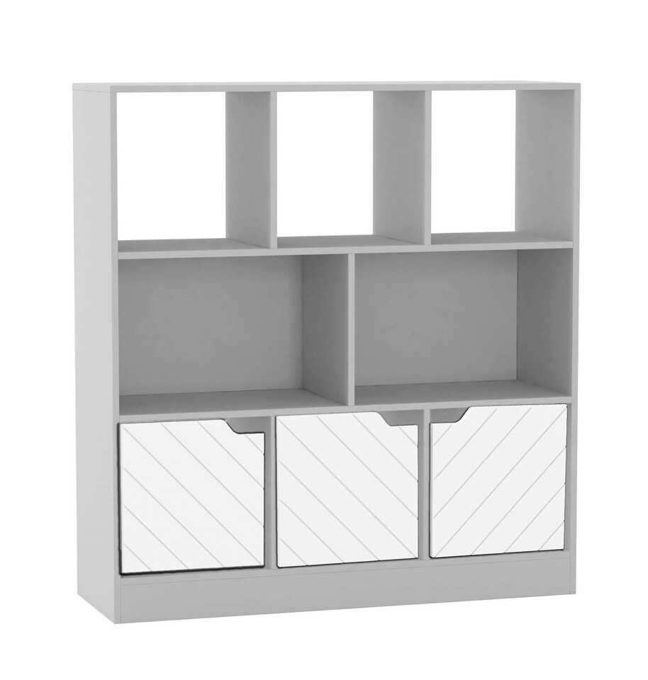 image 1 of Asymmetrical 8 Cube White Freestanding Bookcase Shelf Storage Unit with 3 Doors | White | Line Design Doors - White