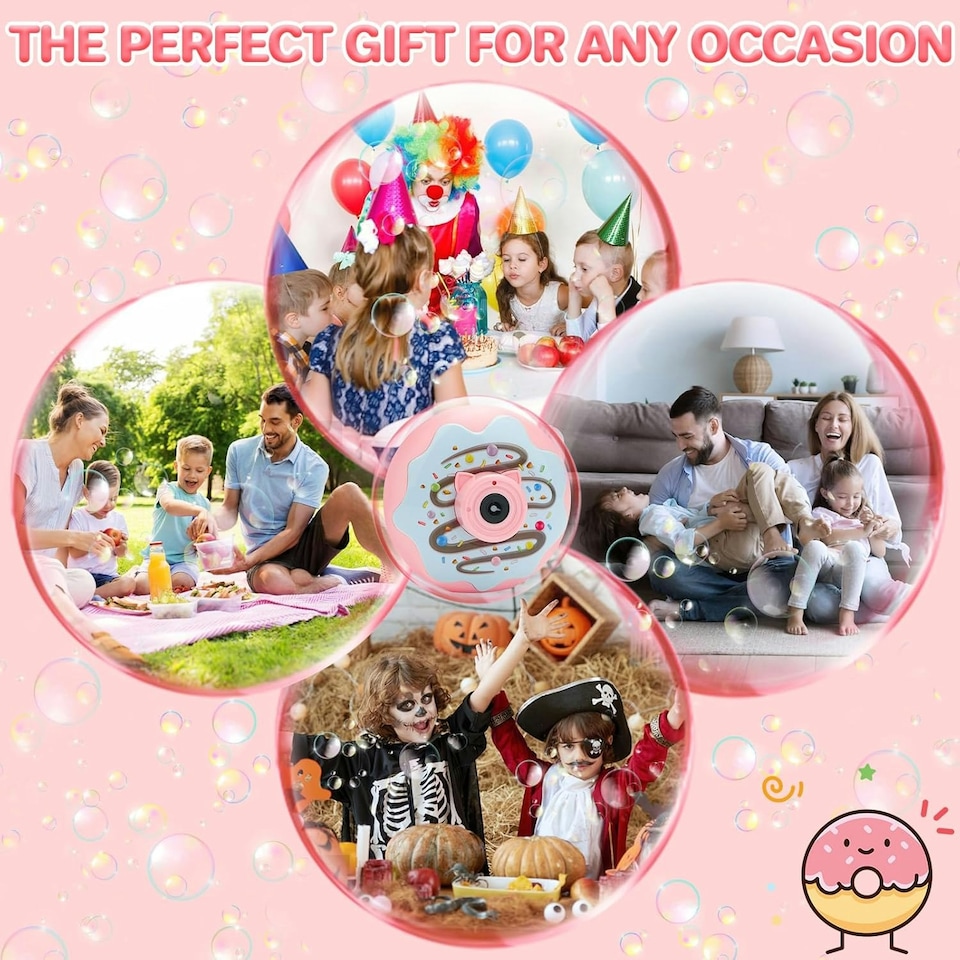 image 1 of Donut Bubble Camera for Kids - Automatic Bubble Gun with Lights and Music – Fun Outdoor Bubble Machine for Birthdays and Parties (Blue/Pink)