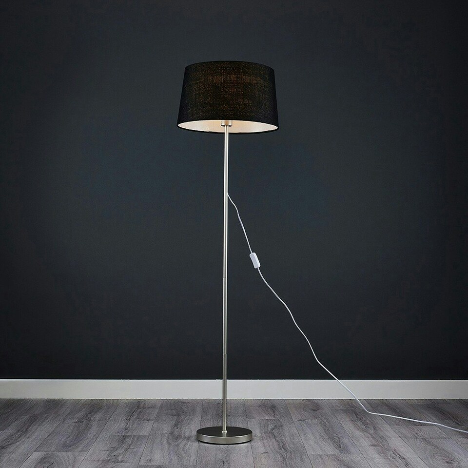 image 1 of ValueLights Modern Floor Lamp In Brushed Chrome Metal Finish With Black Faux Linen Shade