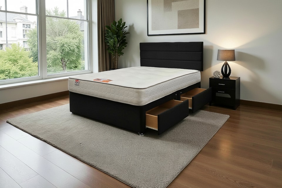 image 1 of York Plush Bed With Mattress, 2 Drawers Same Side & Headboard