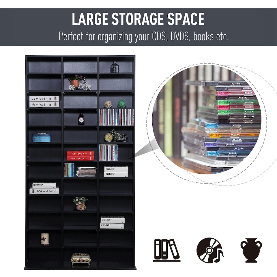image 1 of HOMCOM CD DVD Media Storage Shelves Display Shelf Racks Wooden Frame Black