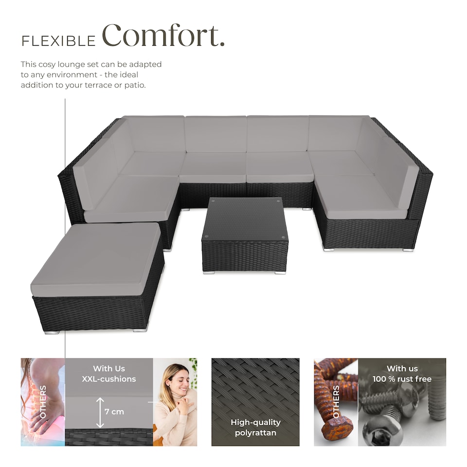 image 1 of Garden Furniture Venice - set for 6 to 7 people, outdoor sofas, table and stool | Black | black/grey | 59,50 x 68 x 69,50 cm | 1