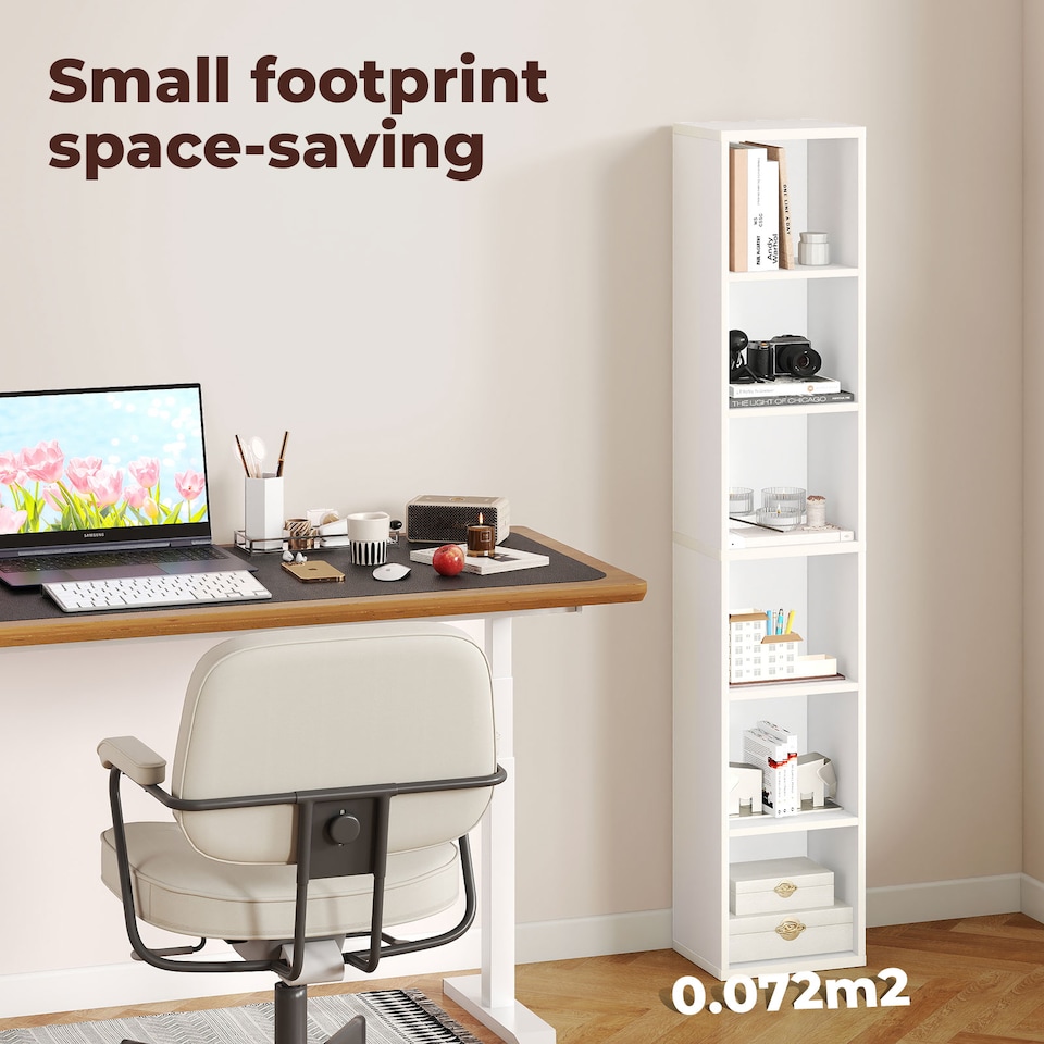 image 1 of Levede Slim Wooden Bookcase White Storage Shelf Organizer for Home Office | White