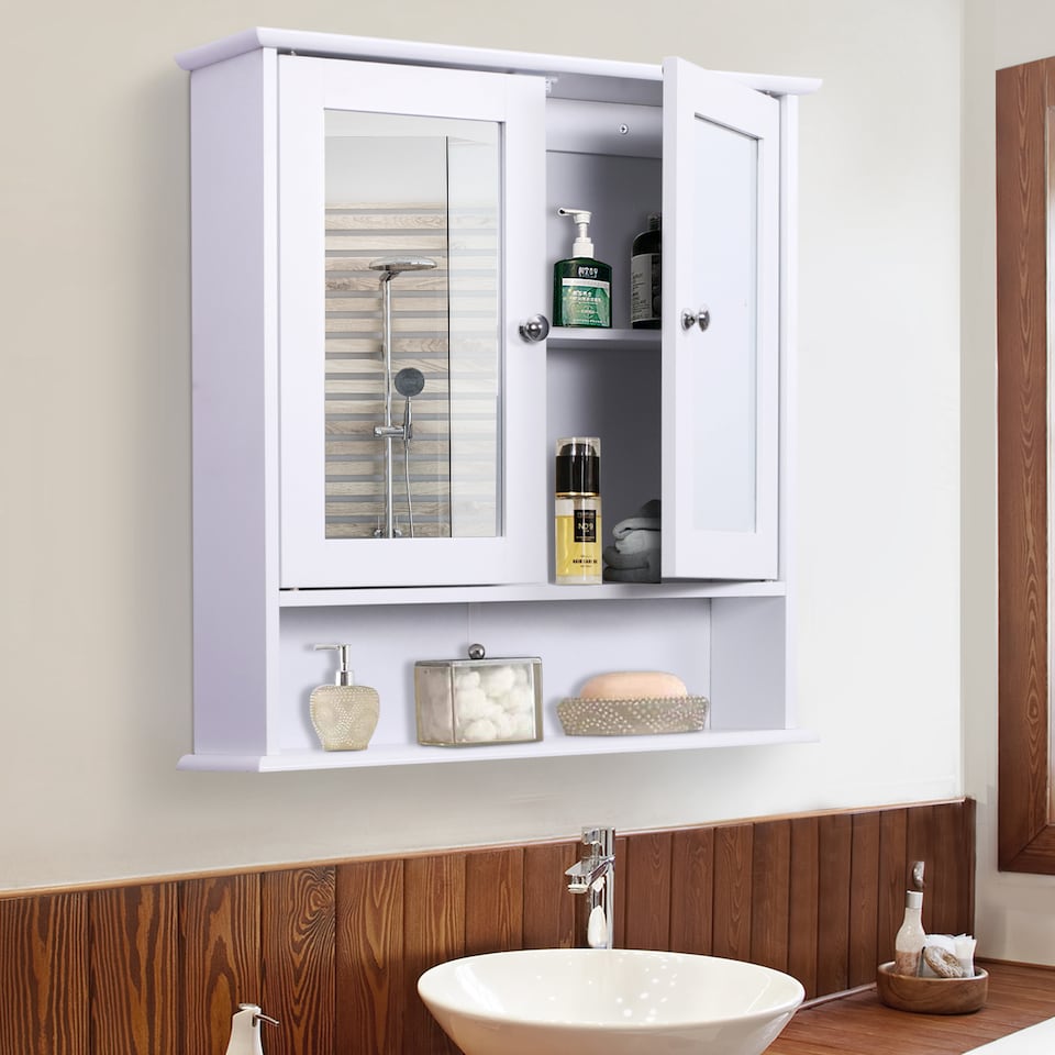 image 1 of kleankin Wall-mounted Bathroom Cabinet Mirror Door Organiser Storage Shelves Living Room White