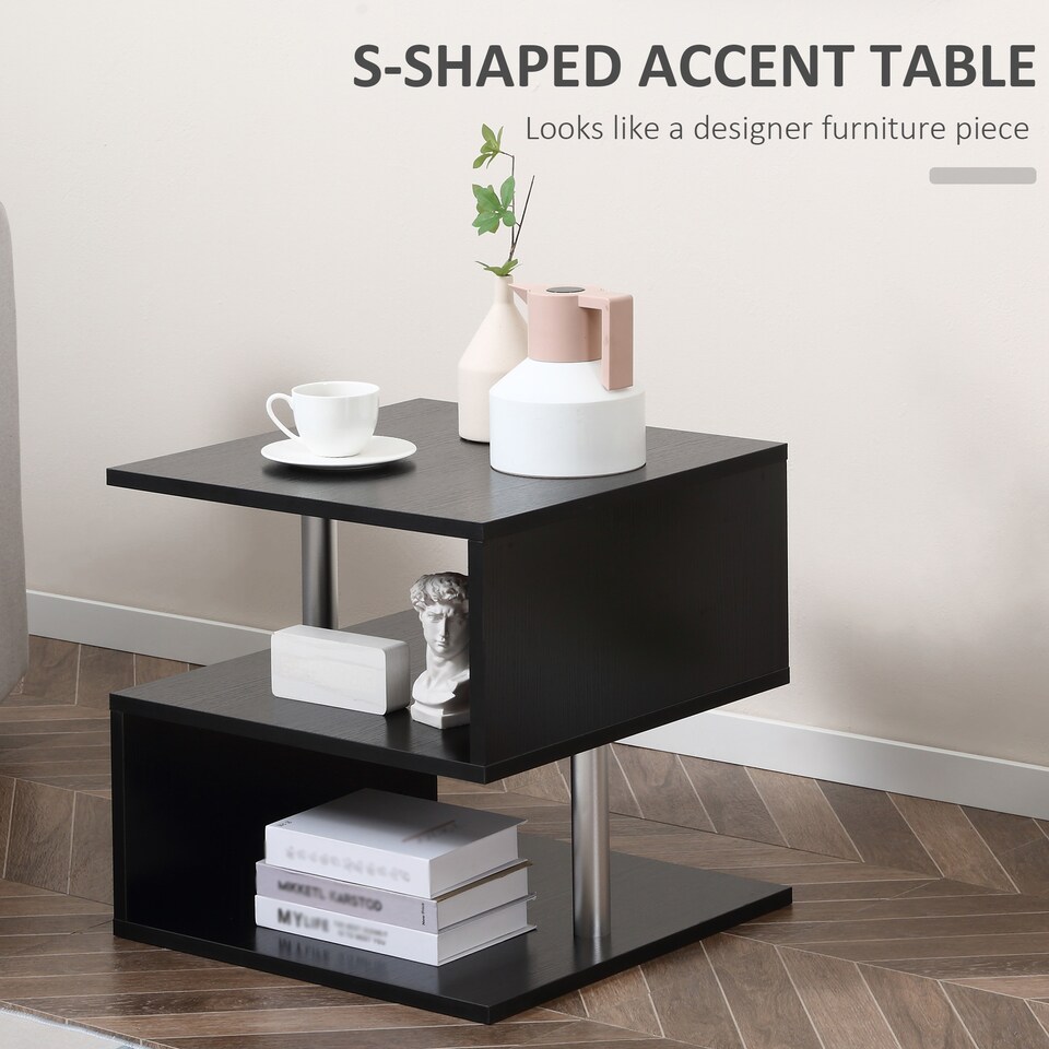 image 1 of HOMCOM Wooden S Shape Cube Coffee Table 2 Tier Storage Shelves Organizer Office Bookcase Living Room End Desk Stand Display Black | Black