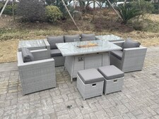 Fimous Rattan Garden Furniture Set Gas Fire Pit Lounge Sofa Chair Dining Set With 2 Side Table And 2 PC Arm Chair 2 Stools