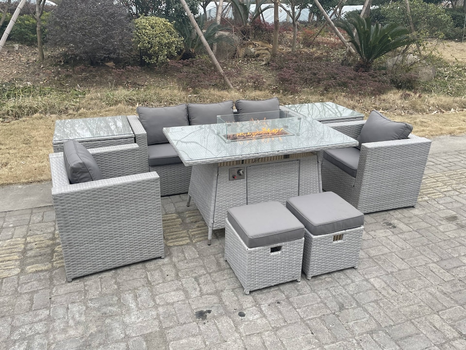 image 1 of Fimous Rattan Garden Furniture Set Gas Fire Pit Lounge Sofa Chair Dining Set With 2 Side Table And 2 PC Arm Chair 2 Stools