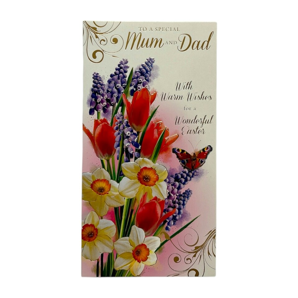 image 1 of To A Special Mum And Dad Flower and Butterfly Design Easter Card