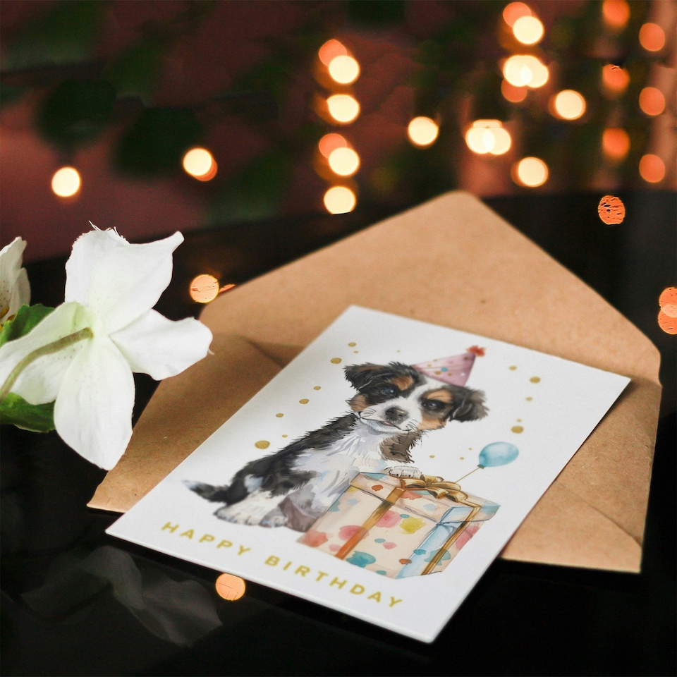 image 1 of Cute Pet Puppy Party Hat Balloon Girl Boy Daughter Son Birthday Card