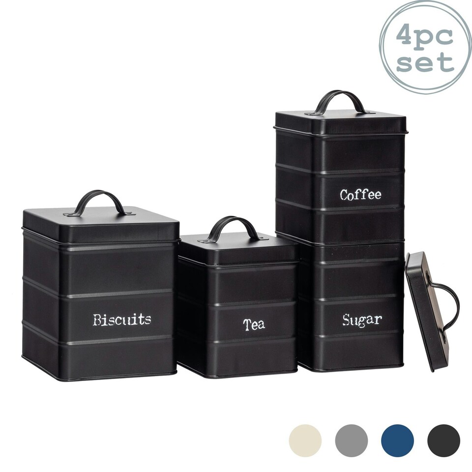 image 1 of Harbour Housewares 4 Piece Black Vintage Metal Kitchen Canisters Set Utility Storage Utility Containers Storage Box Storage Container