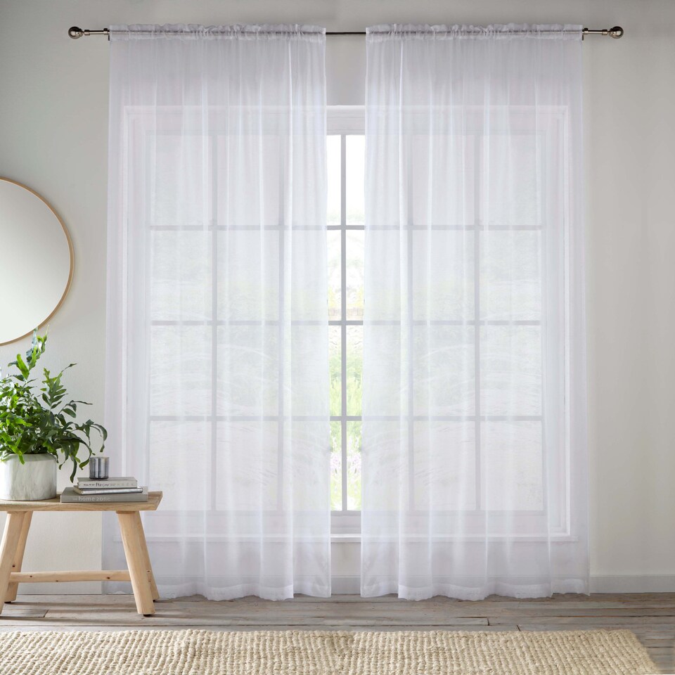 image 1 of Sheer White Plain Woven Voile Slot Top Curtain Panel Pair (55x54") 145x137cm