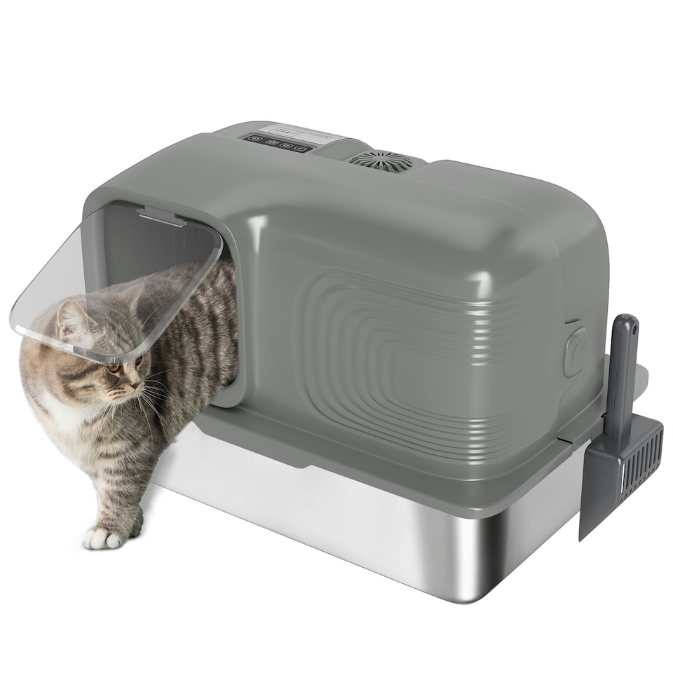 image 1 of PawHut 65L XL Stainless Steel Litter Tray with Plasma Deodoriser System Grey | One Size