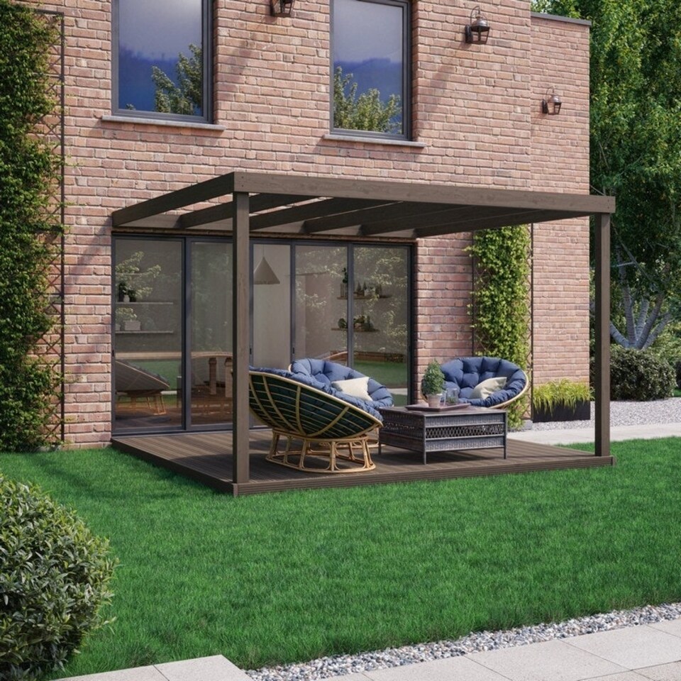 image 1 of Box Wall Mounted Pergola and Decking Kit - Wood - L360 x W360 x H270 cm - Rustic Brown