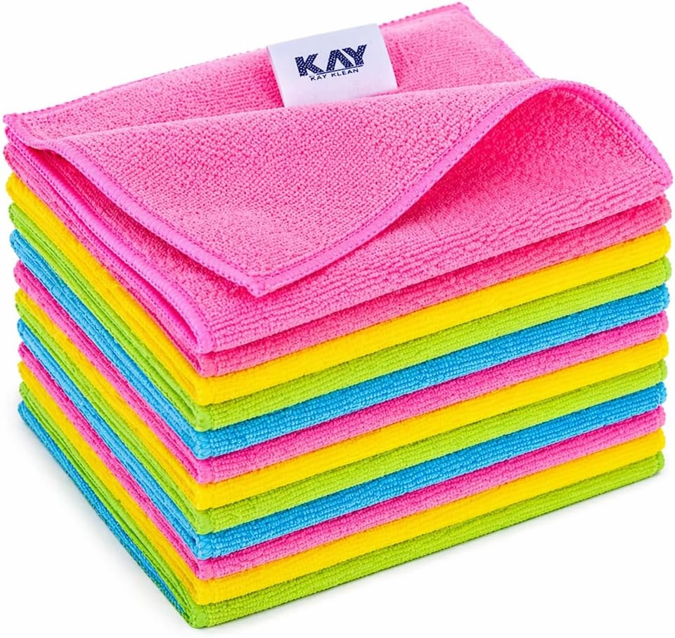 image 1 of KAV Microfibre Cleaning Cloths & Extendable Telescopic Duster Set - 12 Pack Ultra Absorbent Lint Free Reusable Cleaning Towels with Soft Microfiber Feather Duster for Everyday Household Cleaning