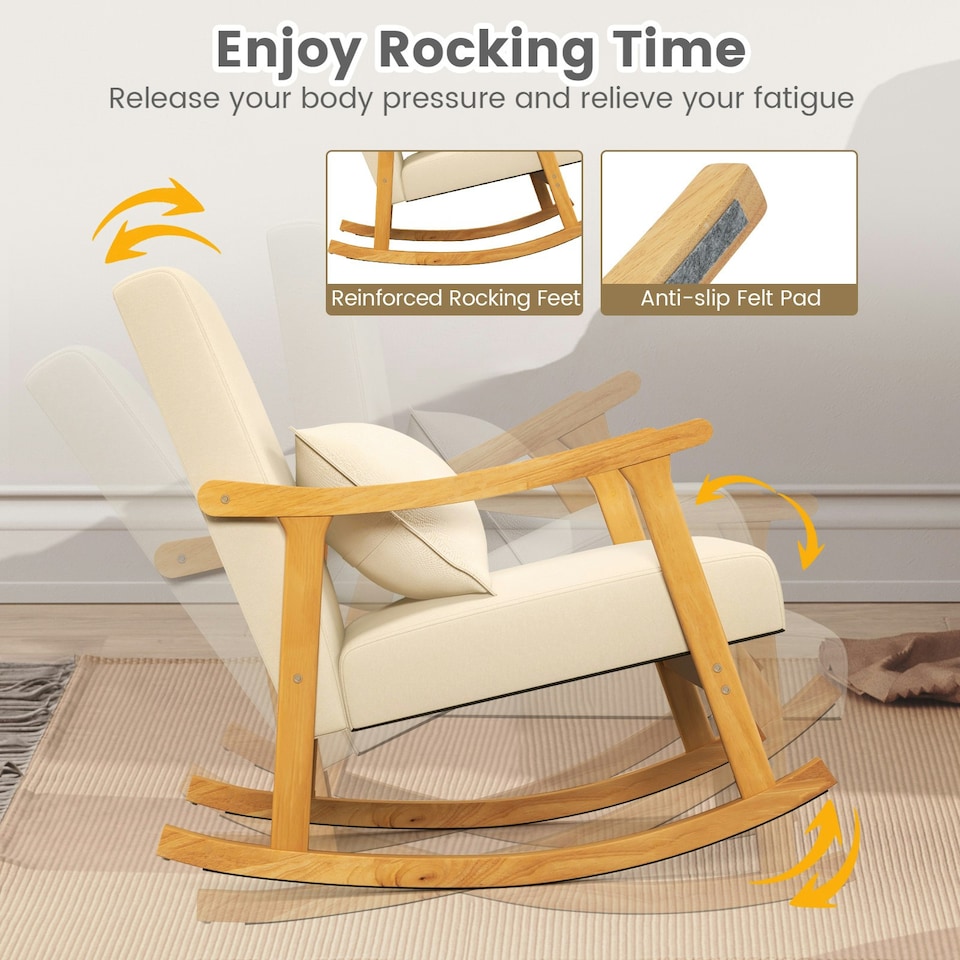 image 1 of COSTWAY Upholstered Rocking Chair Modern Rocker Wood Frame Beige White