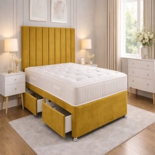5FT Kingsize Mustard Plush Divan Bed With Panel 26inch Headboard and Orthopeadic Mattress 2 Drawers Same Side