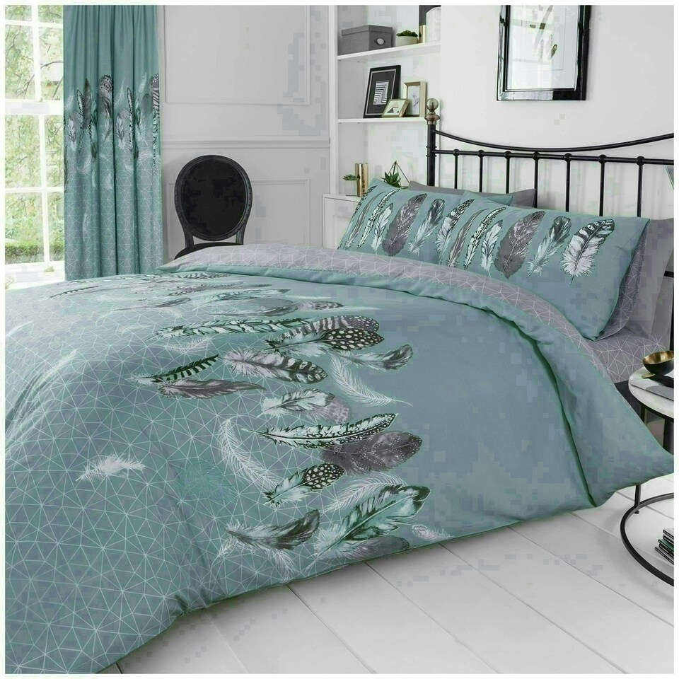 image 1 of VELVETIO Feathers Geometric Printed Duvet Cover Set Reversible Polycotton Beddings Green | Duck Egg | King
