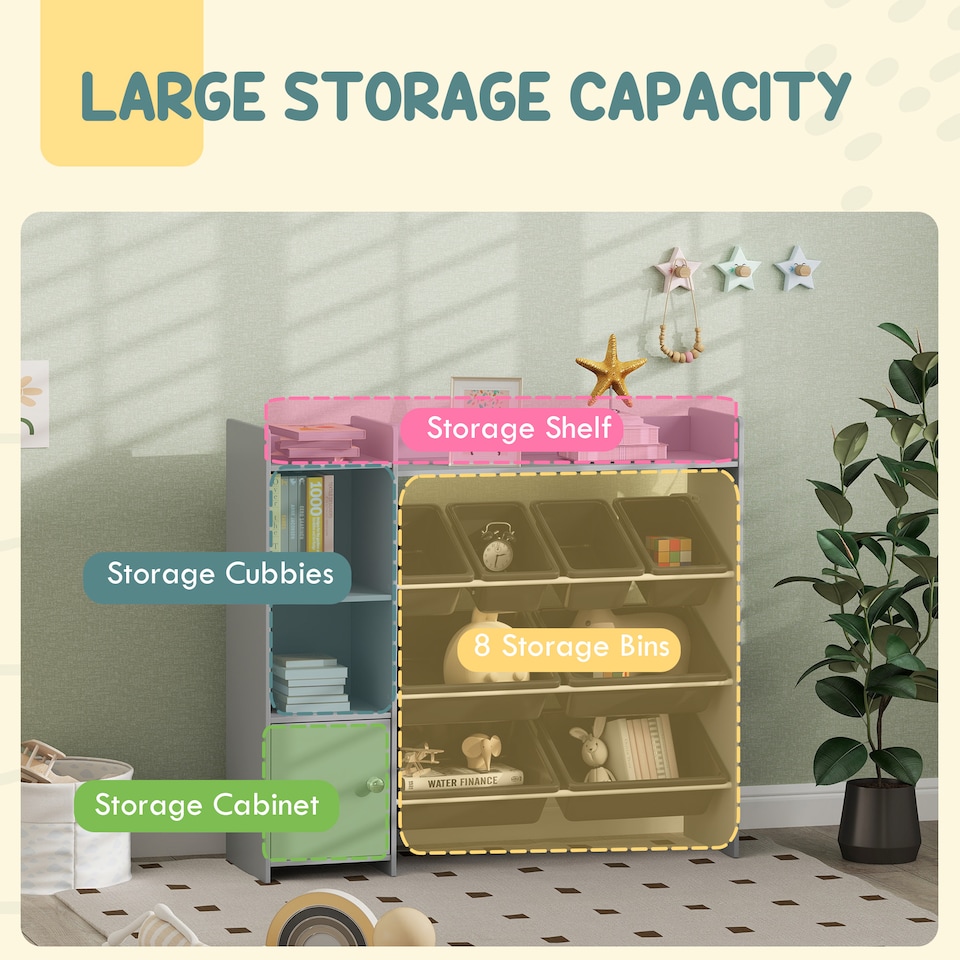 image 1 of AIYAPLAY Toy Storage Unit with 8 Removable Bins, Storage Shelves, Cabinet