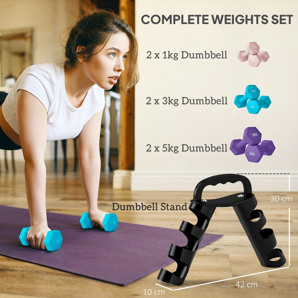 image 1 of SPORTNOW Dumbbells Set with Storage Rack, 2 x 1kg, 2 x 3kg, 2 x 5kg, Pink