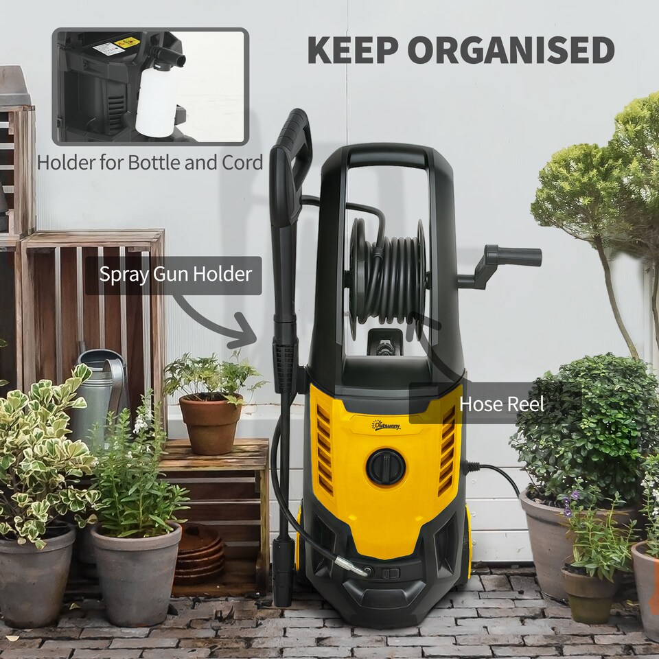 image 1 of Outsunny 2200W Power Washer 170 Bar Pressure with Adjustable Nozzle | Yellow | Yellow | 32W x 32D x 80H cm