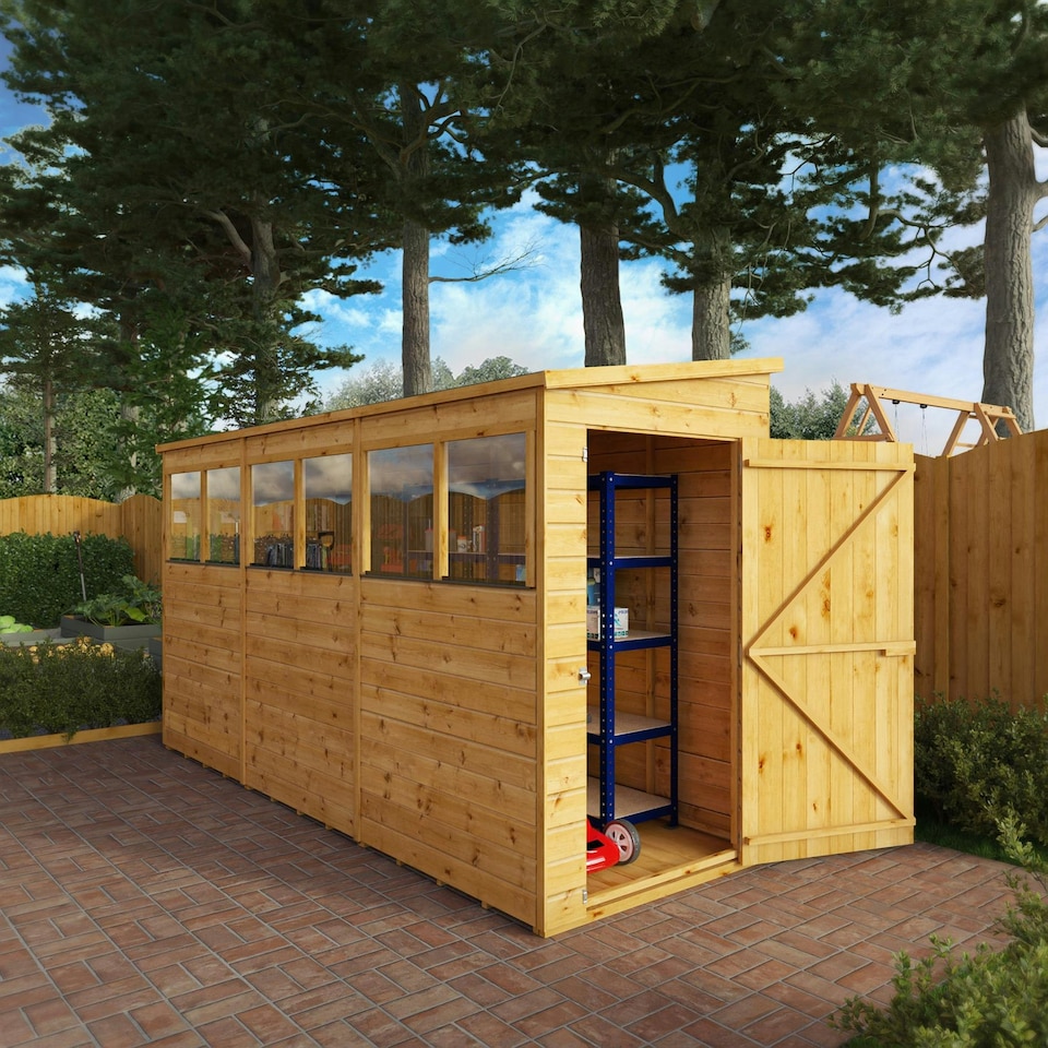image 1 of 12 x 4 Modular Garden Shed Wooden Shiplap Pent Tongue and Groove Storage Brown