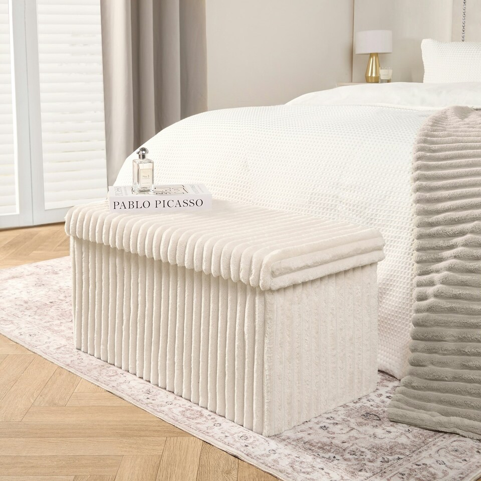 image 1 of OHS Soft Fleece Ribbed Long Rectangle Foldable Footstool Seat Storage Organiser Ottoman Cream