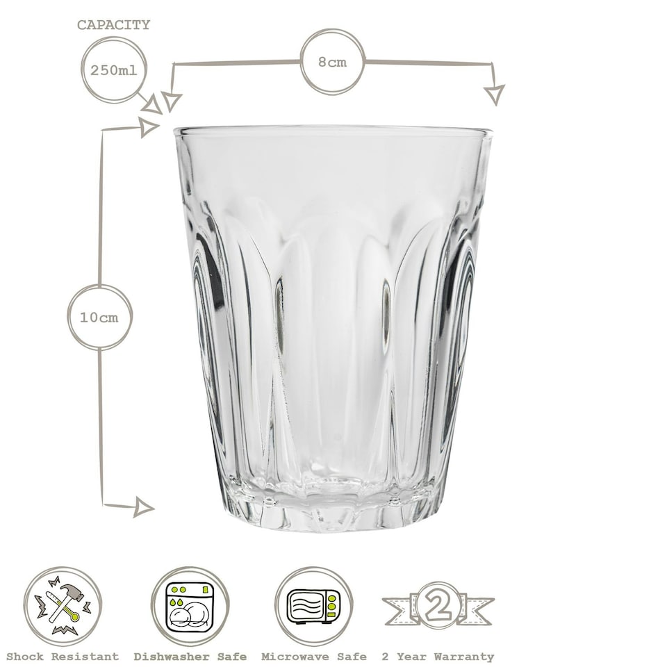 image 1 of Duralex Provence Drinking Glasses - 250ml Tumblers for Water, Juice - Pack of 6 Clear