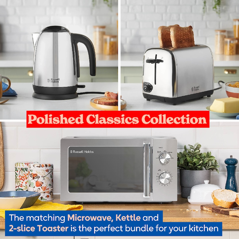 image 1 of Russell Hobbs Polished Classics Bundle Set with Kettle, 2 Slice Toaster, and Manual Microwave CLCSBNDL2SS