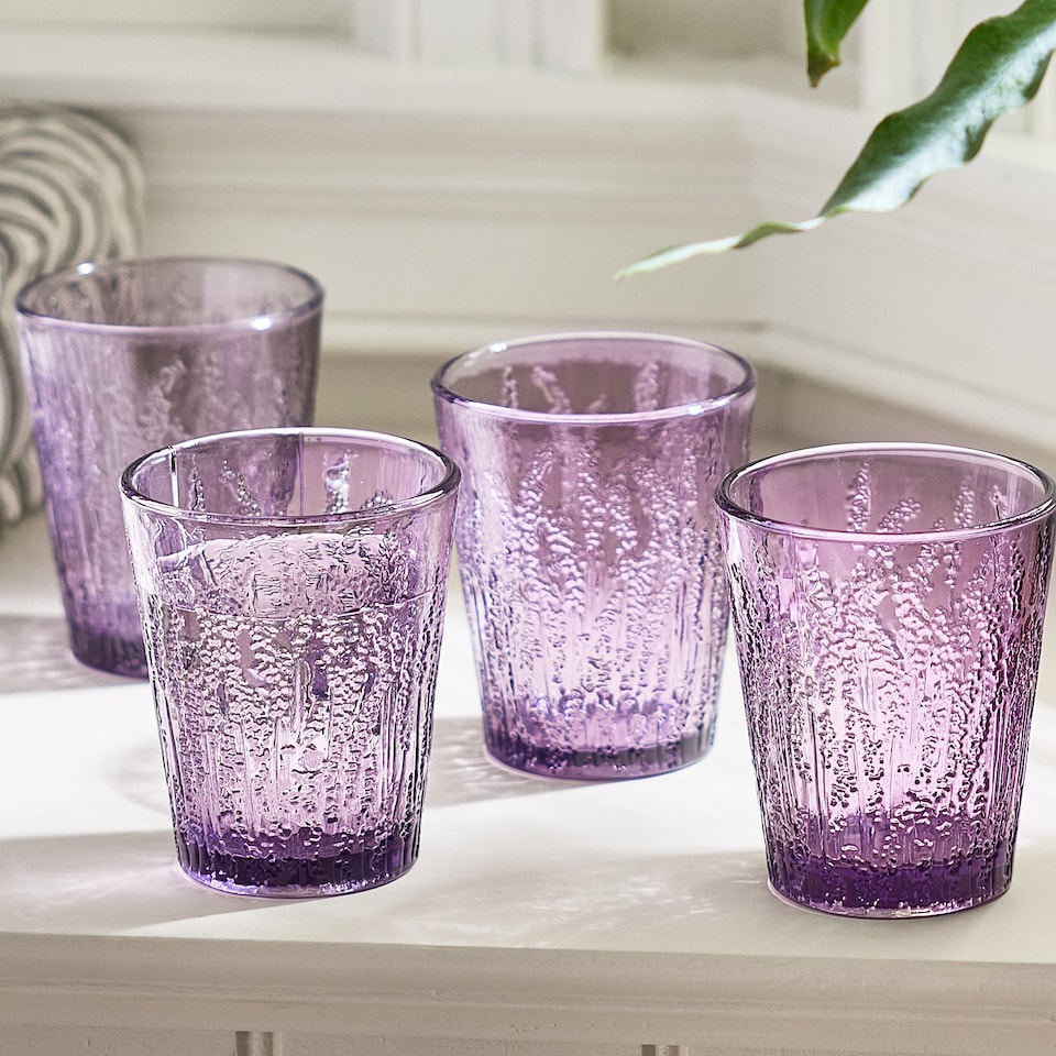 image 1 of Set of 6 Vintage Luxury Lavender Spring Summer Embossed Drinking Glass Tumblers 320ml