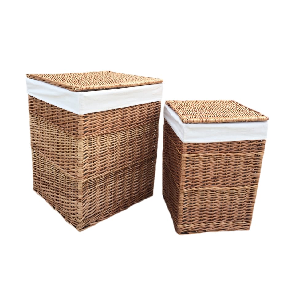 image 1 of White Lining Set of 2 Light Steamed Square Laundry Wicker Basket | White | White