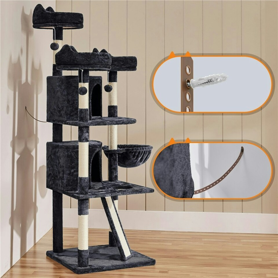 image 1 of Yaheetech 175 cm Plush Cat Tower with Condos Black
