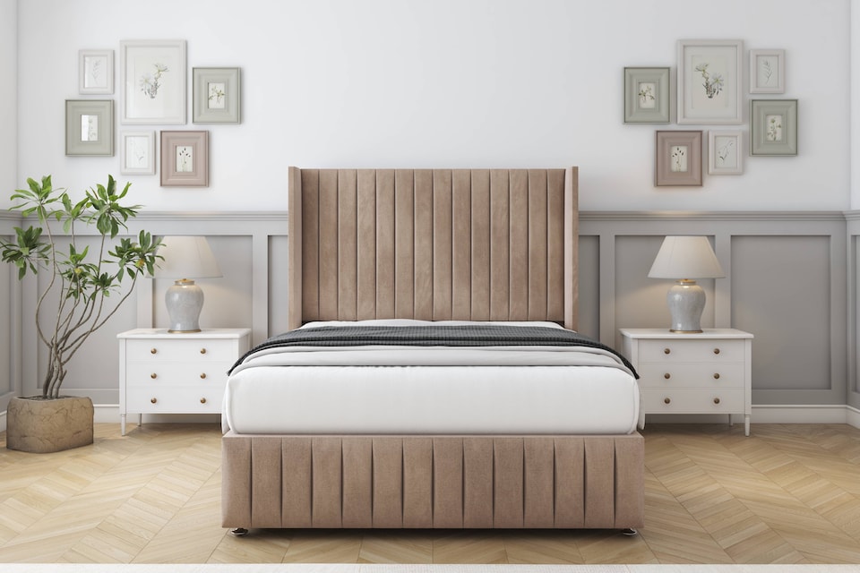 image 1 of Sloomy Marlborough Mink Naples Divan Bed Base 2 Drawers Foot-End With 54 Inch Wingback Headboard & 12 Inch Matching Footboard | Brown | Mink | Small Double | 1