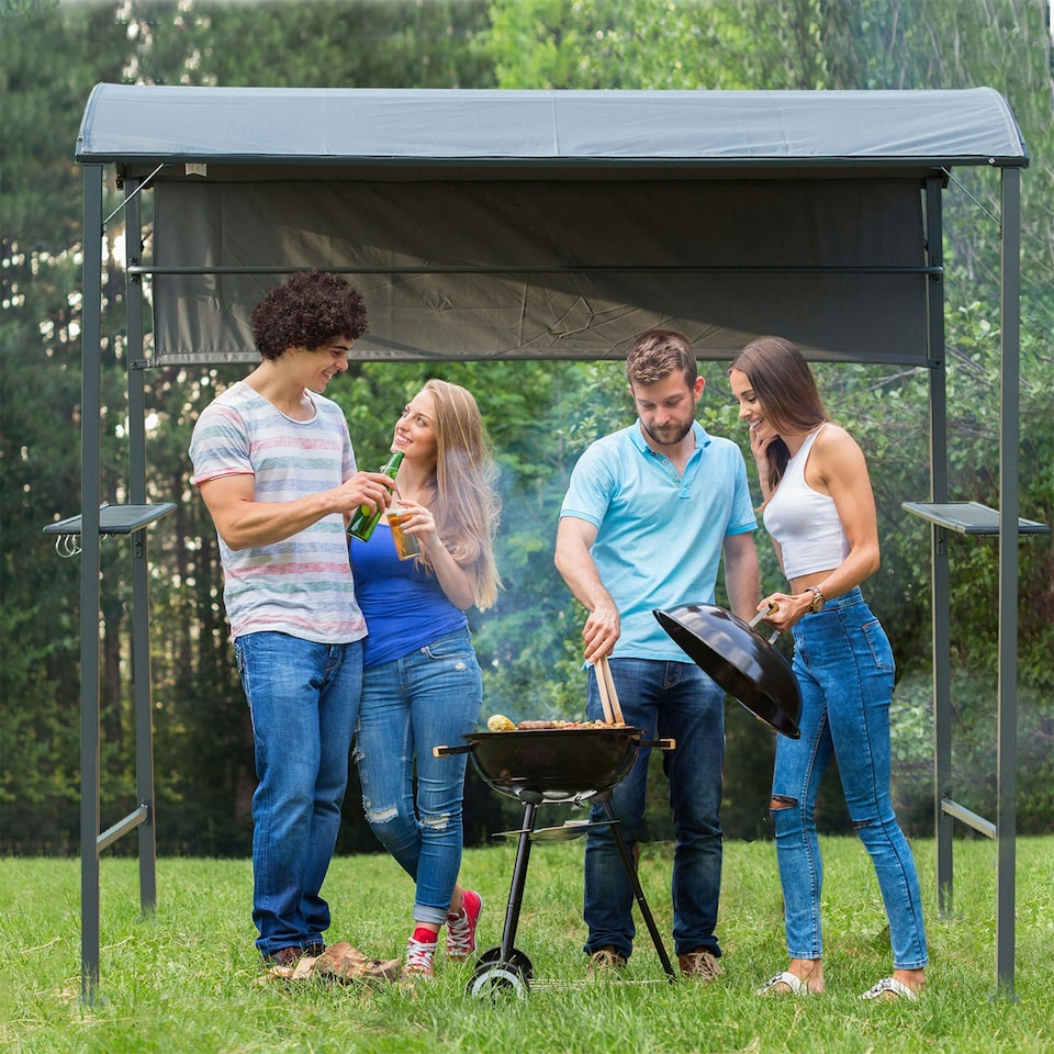 image 1 of Outsunny 7ft Outdoor Double-tier BBQ Grill Canopy Gazebo w/ 2 Shelf, 5 Hooks