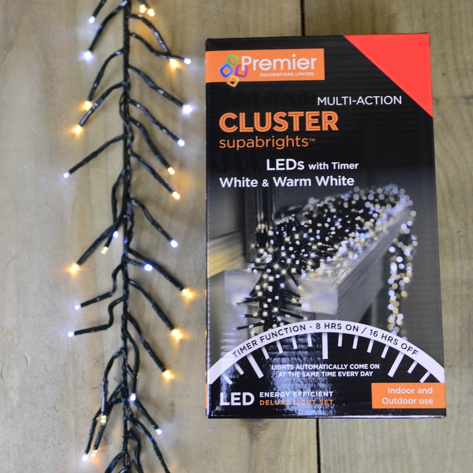 image 1 of 2000 LED 25m Premier Clusterbrights Indoor Outdoor Multifunction Mains Operated Christmas Cluster Lights with Timer in Cool & Warm White Mix