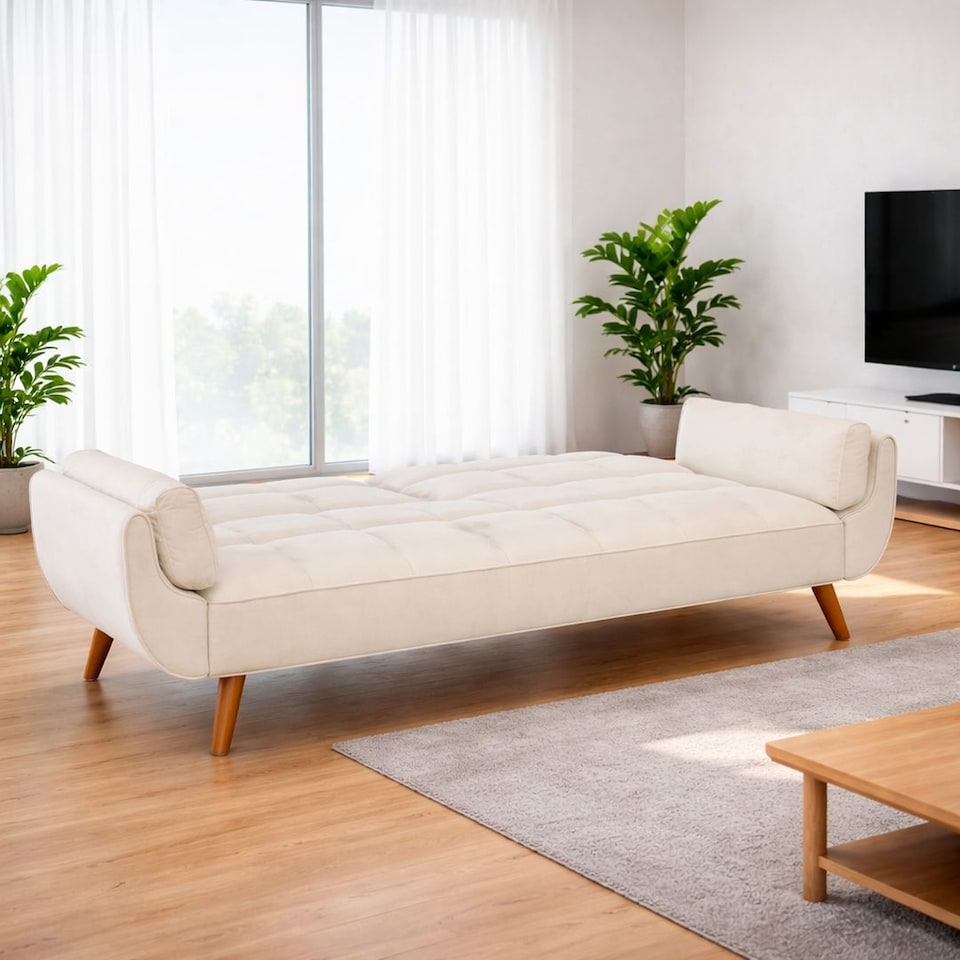 image 1 of Ashby Velvet 3 Seater Double Sofa Bed Futon Settee in Cream | Cream | Cream