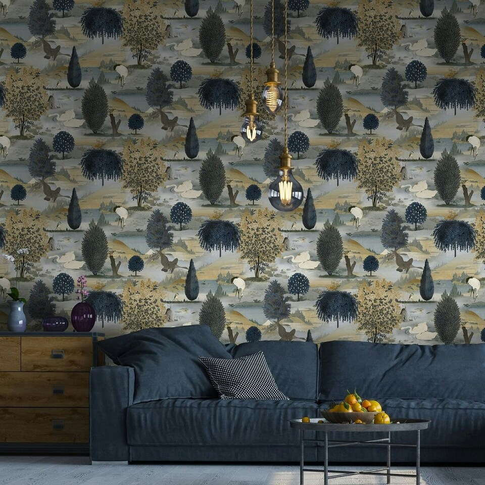 image 1 of Holden Décor Swan Lake Wallpaper - Navy/Ochre - 10m x 53cm Blue