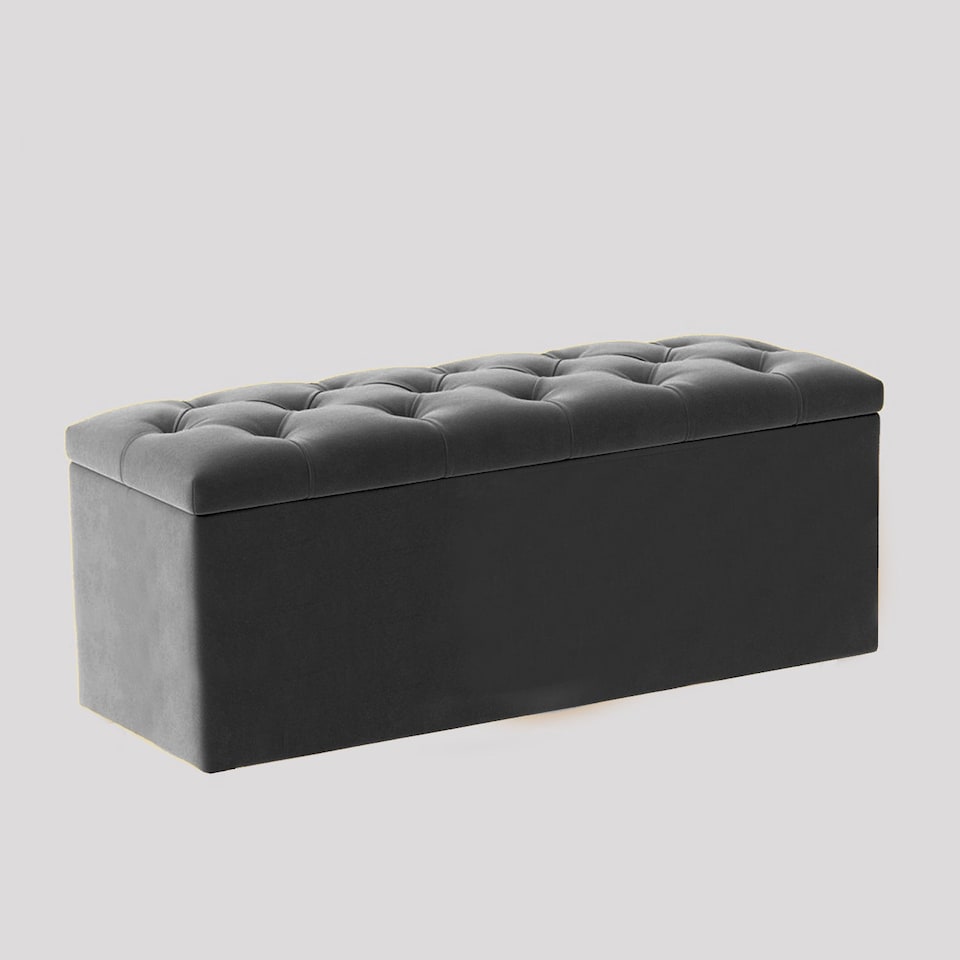 image 1 of 150cm Luna Chesterfield Ottoman Storage Box - Grey Plush Velvet Upholstered Blanket Box