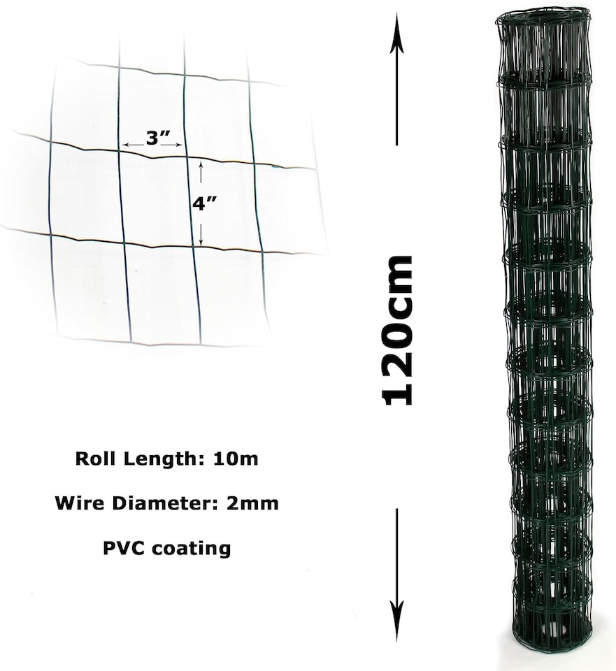 image 1 of Actiasgear – 10m Green Garden Wire Fence Roll | PVC-Coated Galvanised Steel Mesh (120cm High, 100mm x 75mm Mesh, 2mm Wire)