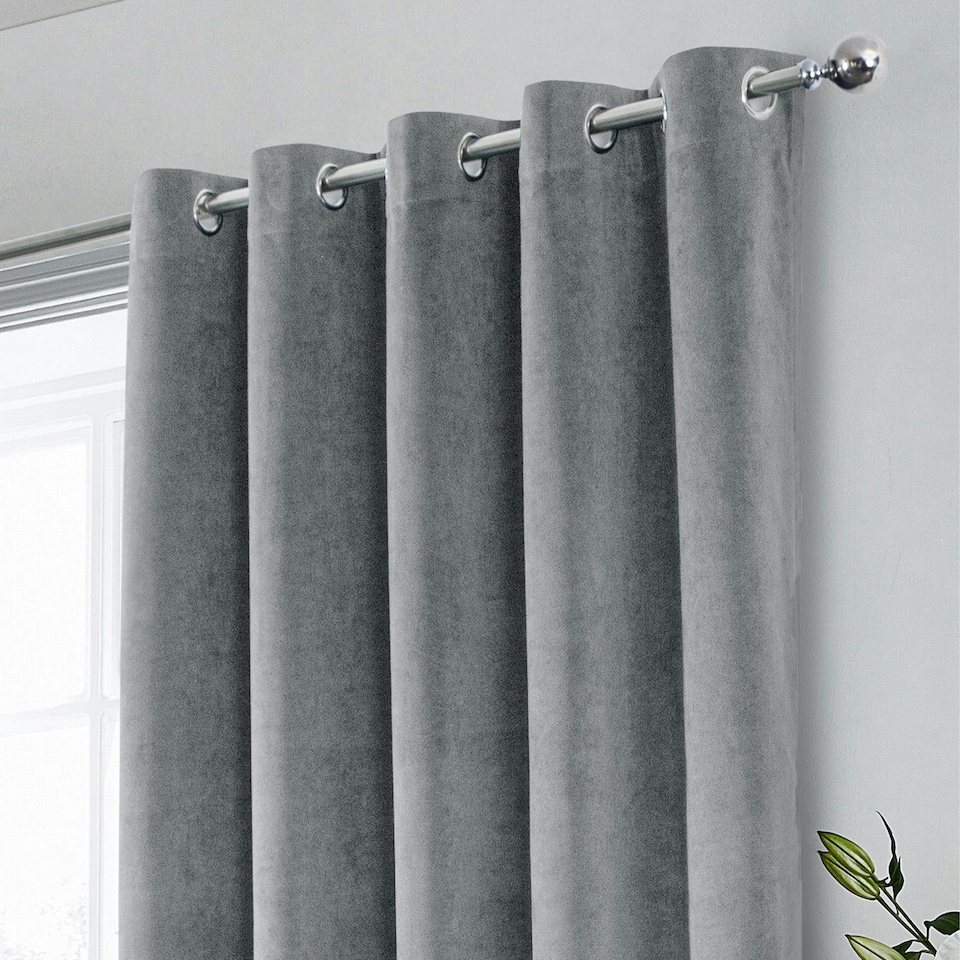 image 1 of Hampton Grey Velvet Curtains 90 x 72 inch (229 x 183 cm) 100% Blackout Eyelet Thermal Noise Reducing Curtains for Bedroom and Living Room