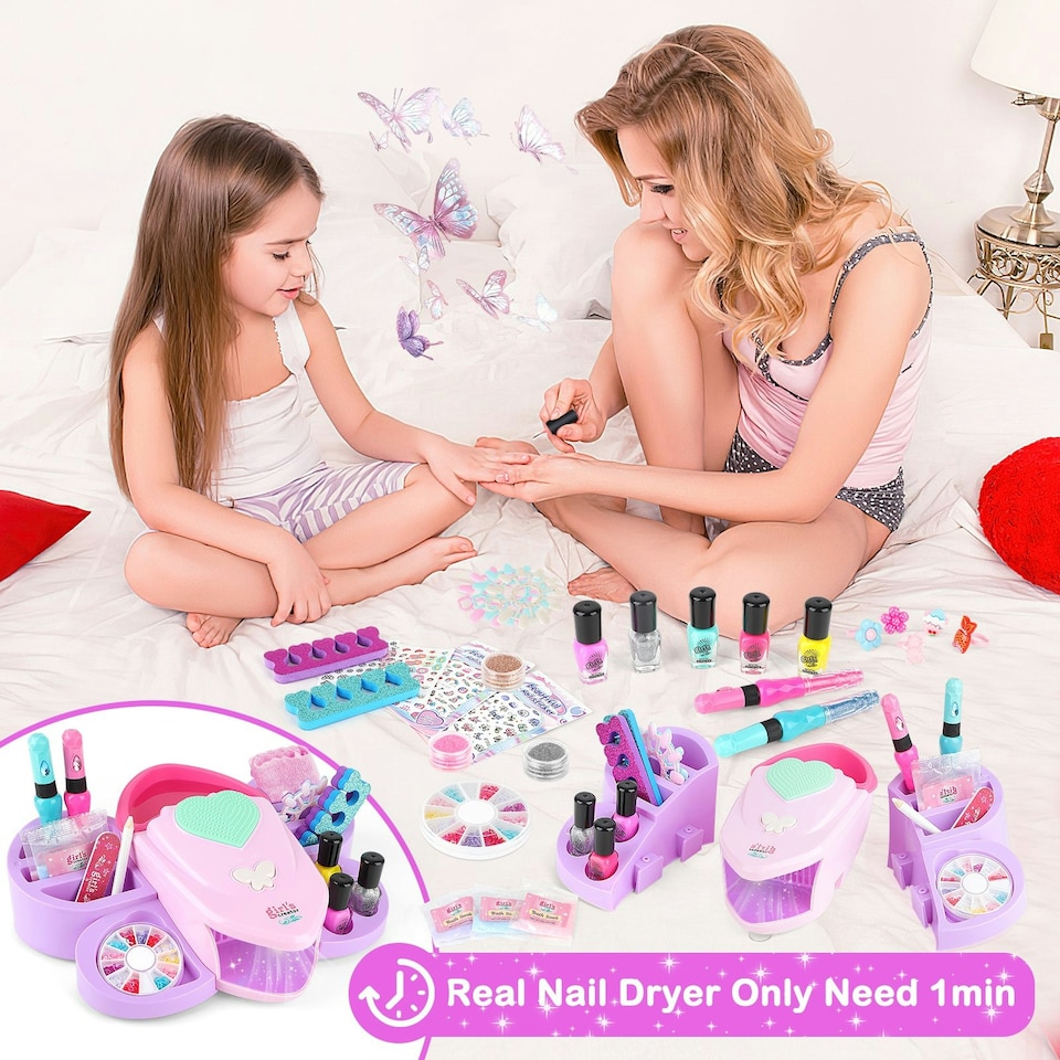 image 1 of Girls Nail Polish Set 6 Colors Water Based Non Toxic Nail Varnish with Stickers Dryer Glitter Quick Dry Easy Peel Off Manicure Kit