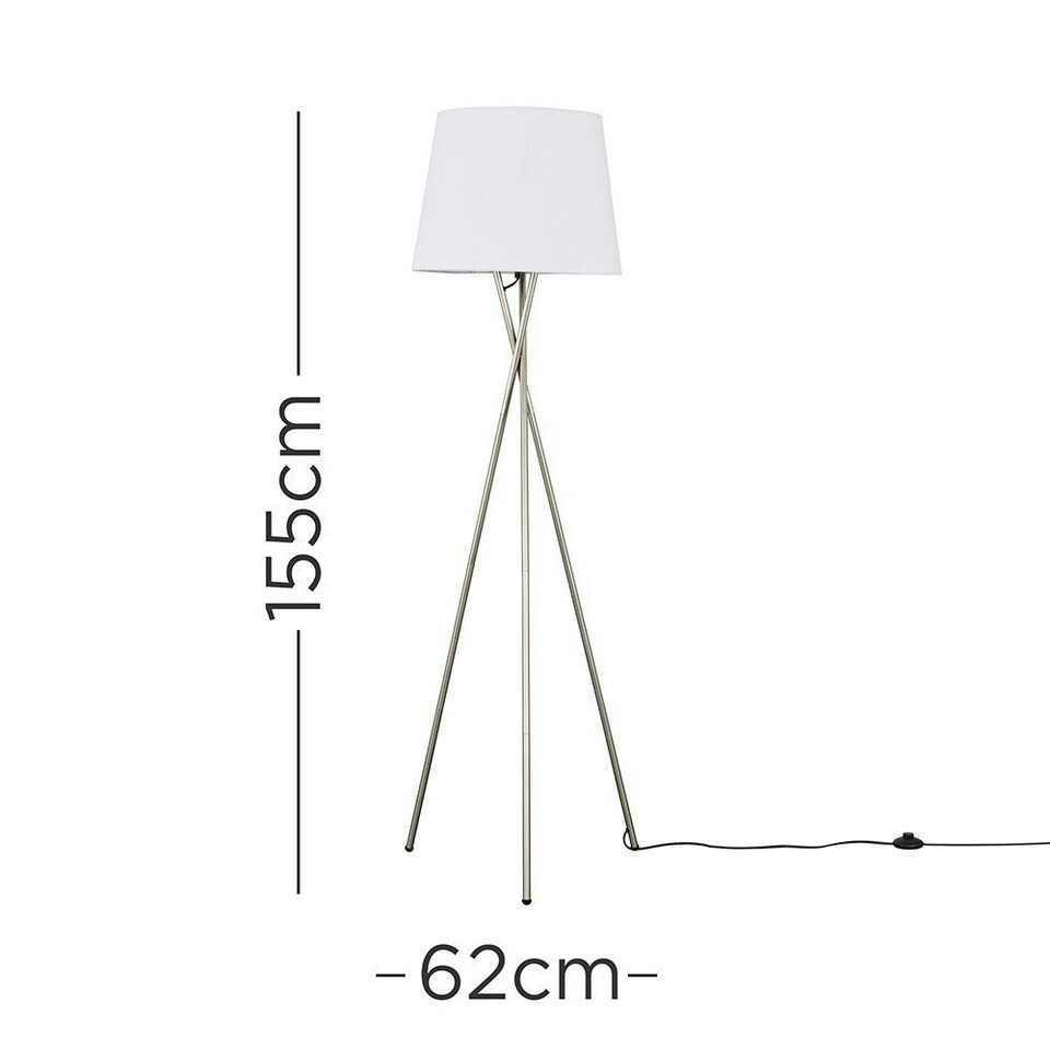 image 1 of ValueLights Camden Brushed Chrome Tripod Floor Lamp White Taper Shade & Bulb White