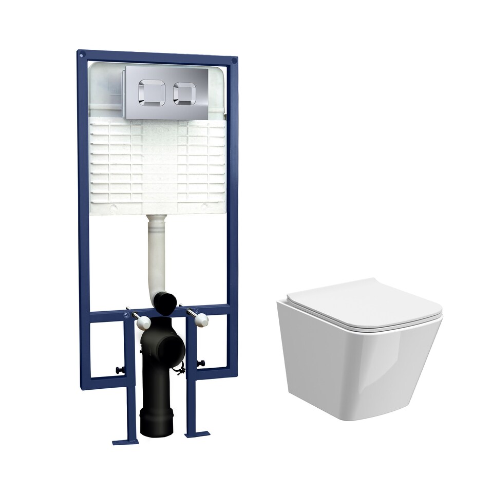 image 1 of Balterley Hilderstone Contemporary Square Wall Hung Toilet Pan and Seat with Concealed Cistern and Flush Plate with Square Buttons - White/Chrome