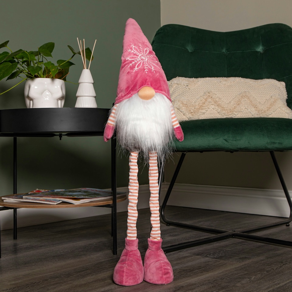 image 1 of 74cm Pink Standing Christmas Gonk Decoration with Extendable Legs and Snowflake Hat
