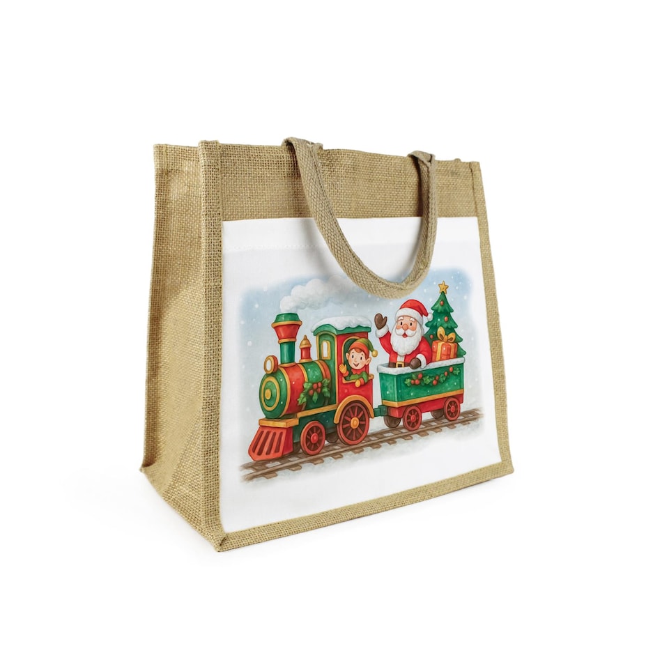 Santa Toy Train Reusable Jute Shopping Bag