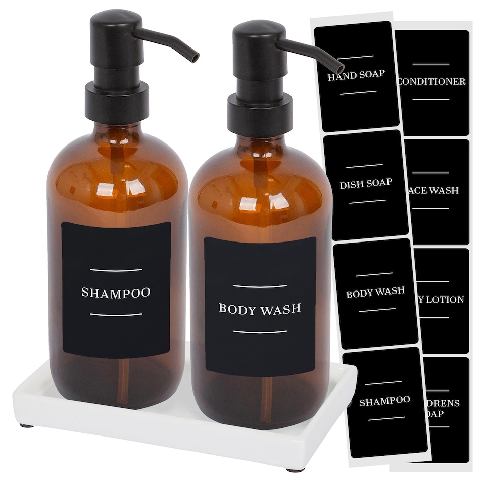 image 1 of Harbour Housewares 2pc Glass Soap Dispenser Set with Ceramic Tray & Labels - 500ml - Amber/Black